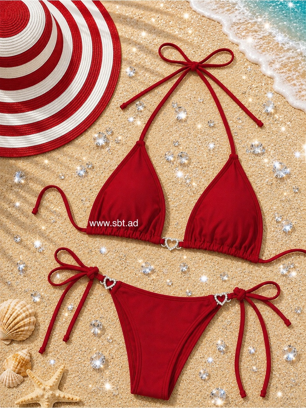 NEW Triangle Bikini Sparkling Bling Crystal Rhinestone Heart Swimsuit Beach Wear - Picture 4 of 13